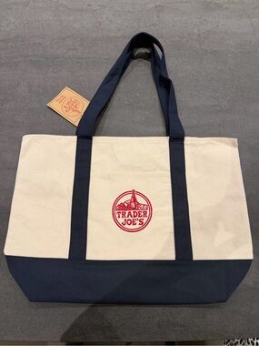 Trader Joe's Navy and Cream Canvas Duffel Tote